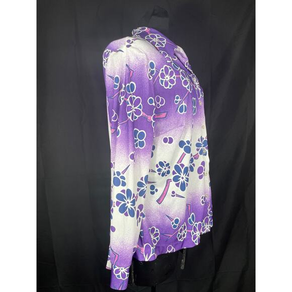 Vintage 70's purple cherry blossom, button down Sears, blouse, wide collar, - Picture 3 of 9